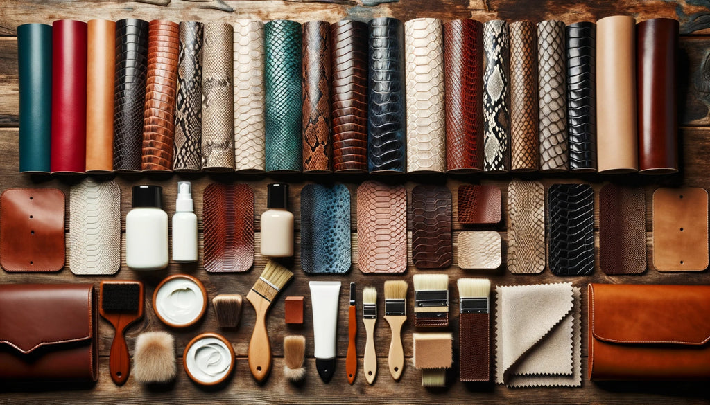 diverse set of exotic leather samples meticulously arranged on a wooden table