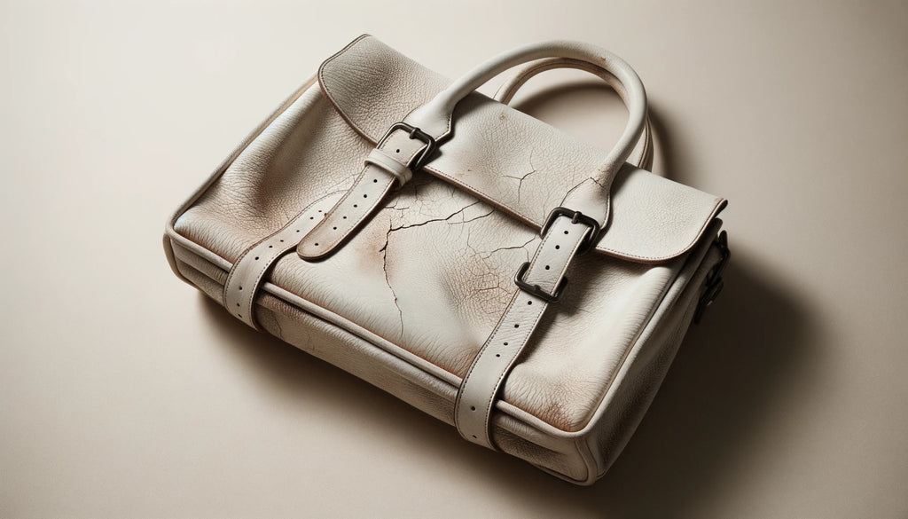 dry and slightly cracked white leather bag lying on a neutral background, showcasing its texture and wear