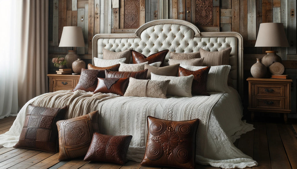 elegant bedroom with a white bedspread and several leather cushions each with different embossed patterns arranged against a rustic wood