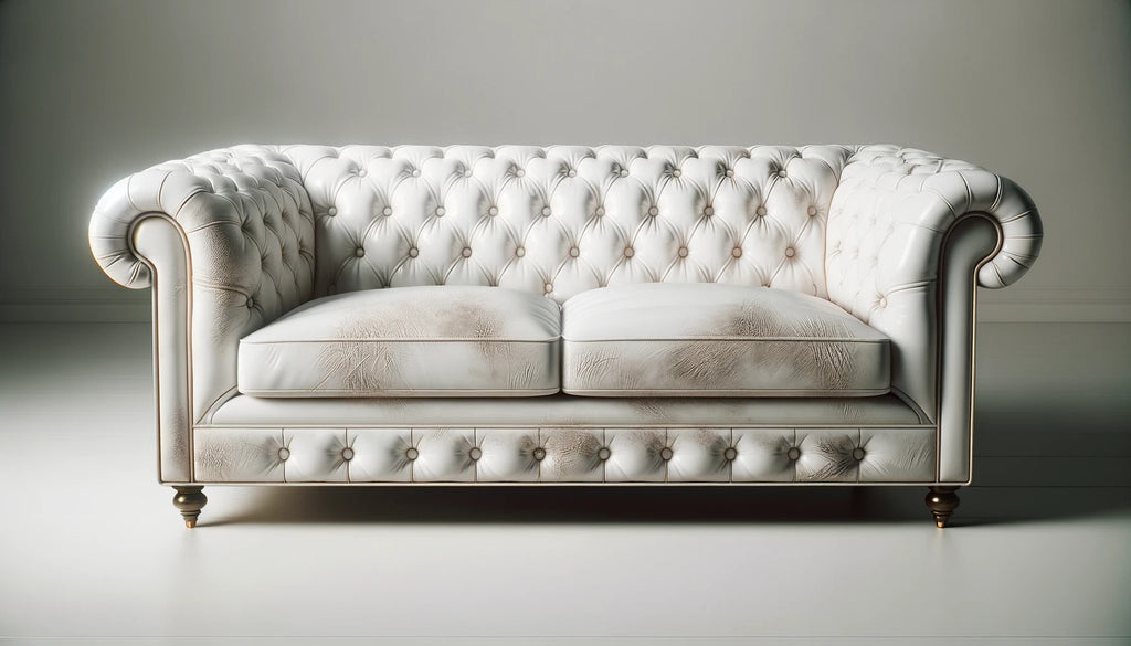 elegant white leather sofa with visible scratch marks and signs of wear from excessive cleaning