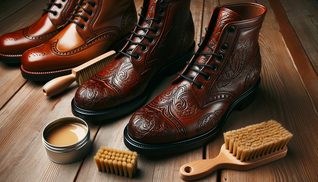 bottes en cuir gaufré sur un plancher en bois Une botte est brillante et bien entretenue tandis que l'autre semble terne