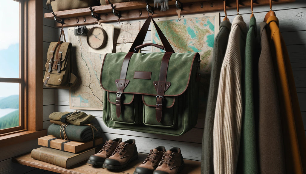 emerald waxed canvas messenger bag with dark brown leather accents hanging from a wooden coat rack in a cozy cabin surrounding