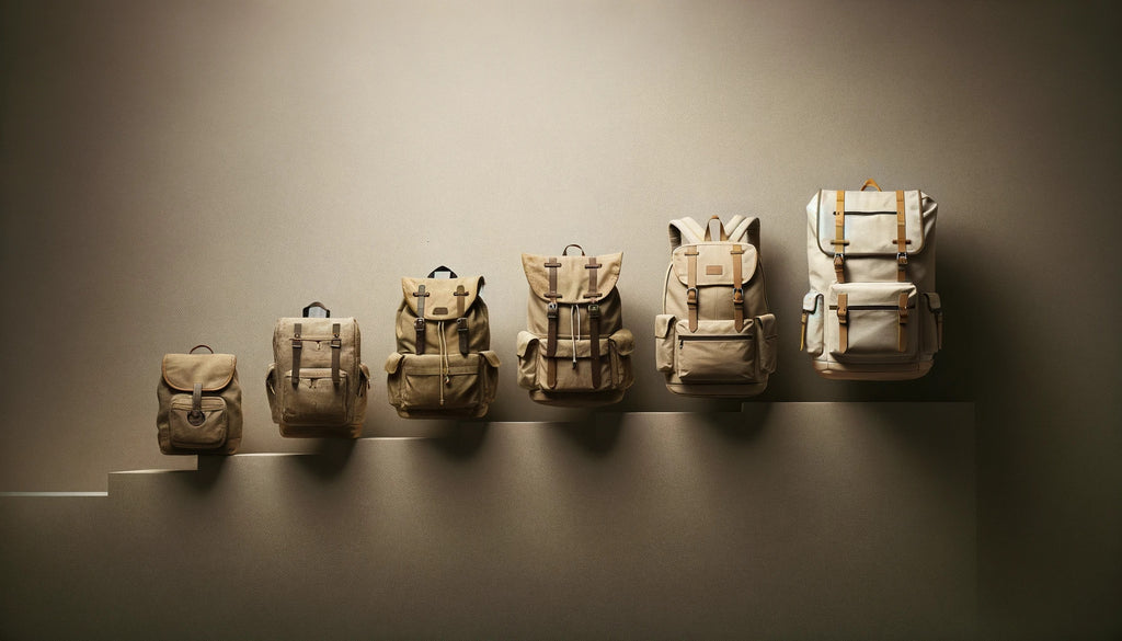 evolution of canvas backpacks. Starting from the left a primitive canvas backpack with basic straps from the early 1900