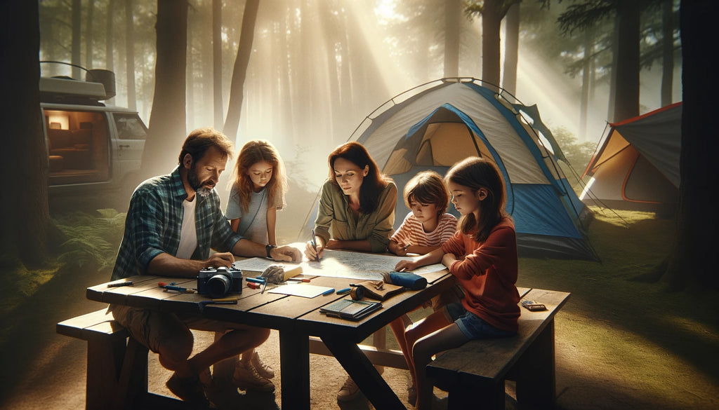 family on a camping weekend in the wilderness together making a checklist