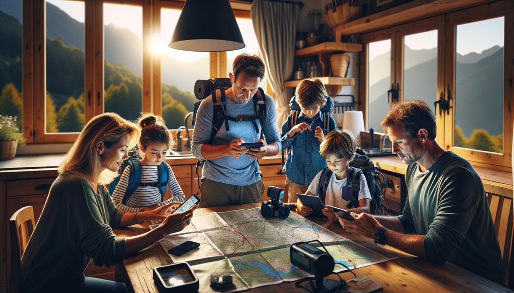 family preparing for a morning hike using technology and GPS