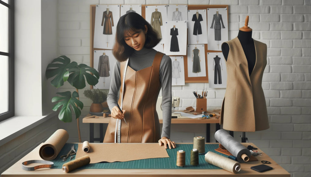 créatrice de mode travaillant sur une robe en éco cuir sur un mannequin