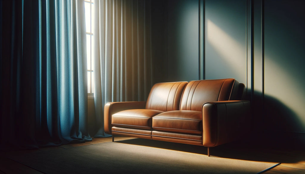 faux leather couch positioned near a window with curtains protecting against direct sunlight