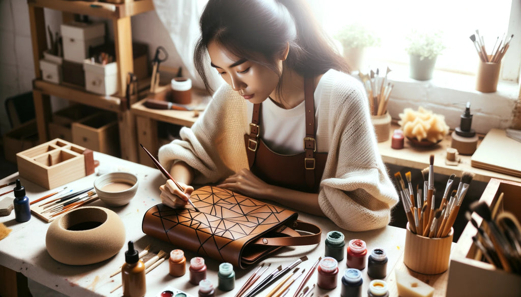 artiste femme concentrée peignant un motif géométrique sur un sac à main en cuir