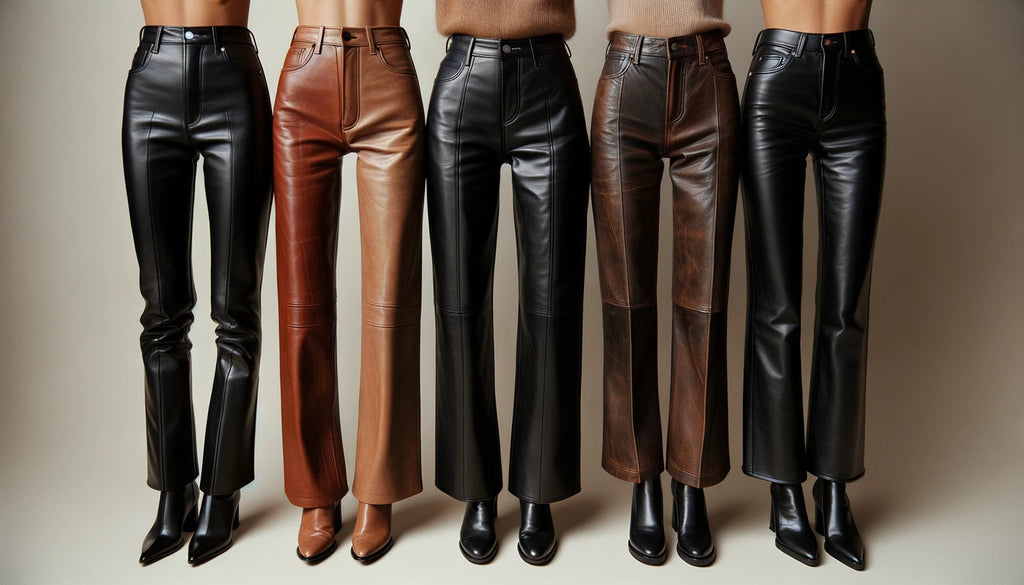 cinq pantalons en cuir distincts disposés côte à côte sur un fond neutre