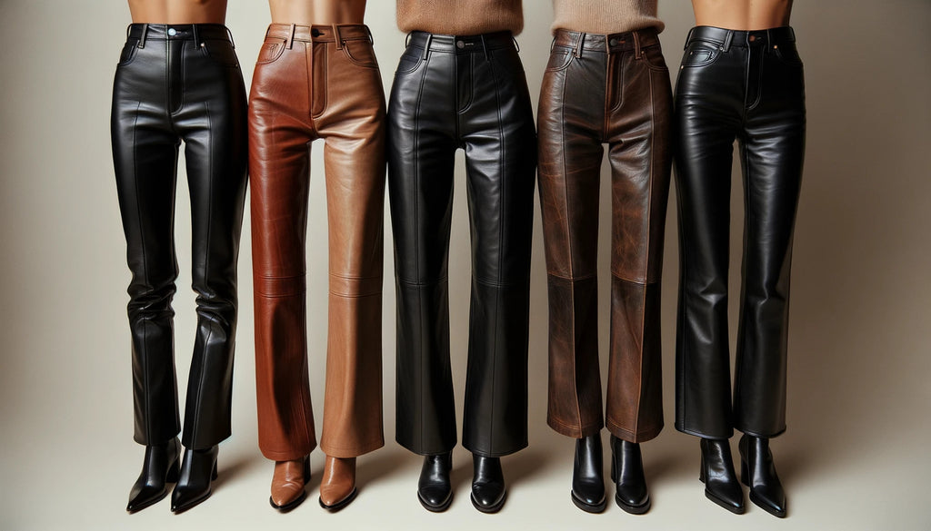 five distinct leather pants arranged side by side on a neutral background