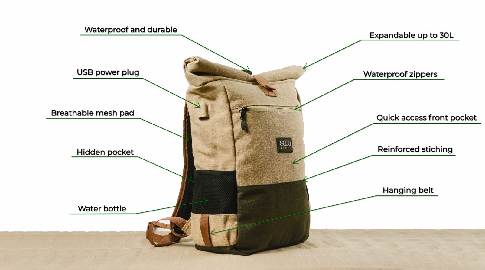 functional lightweight waterproof hemp backpack