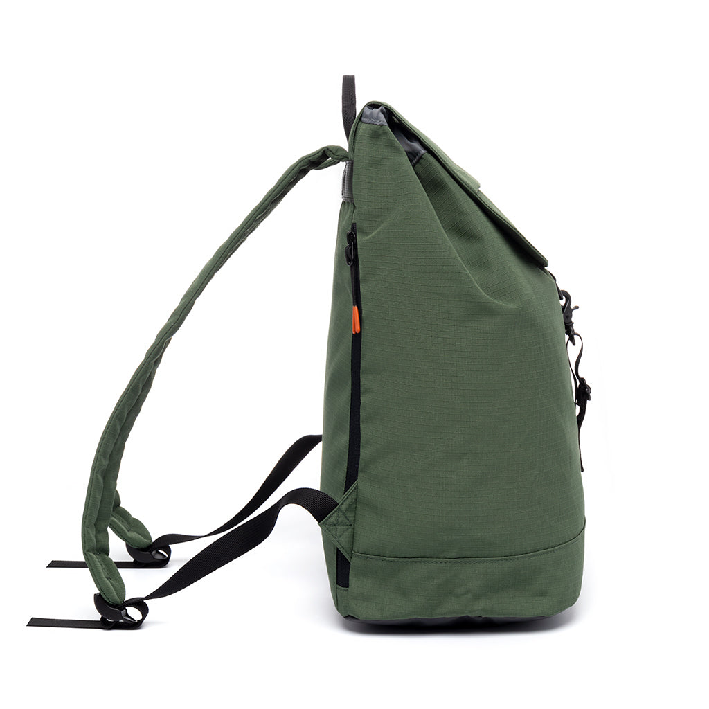 green sustainable laptop backpack side view