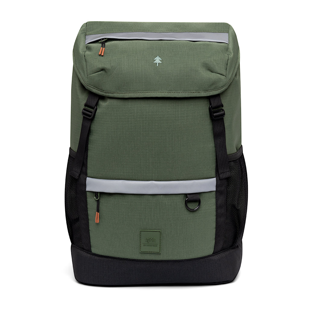 green sustainable travel backpack front view