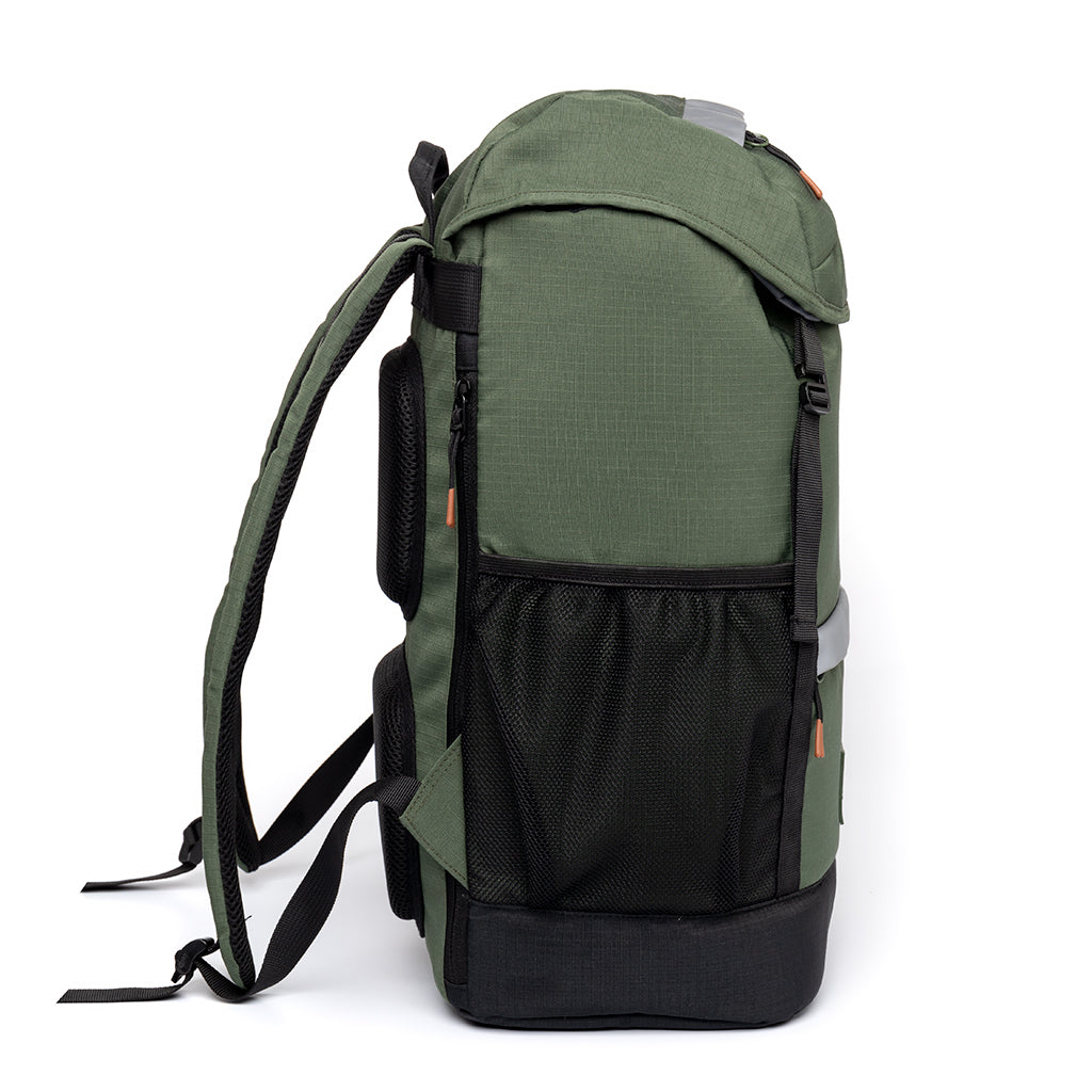 green sustainable travel backpack side view