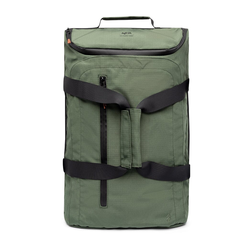 Front view of green sustainable travel convertible backpack by Lefrik