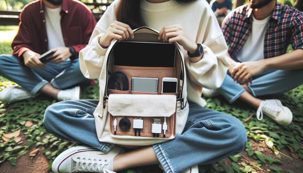 group of students sitting in a park One of them opens their canvas backpack revealing a neatly organized interior with a laptop sleeve