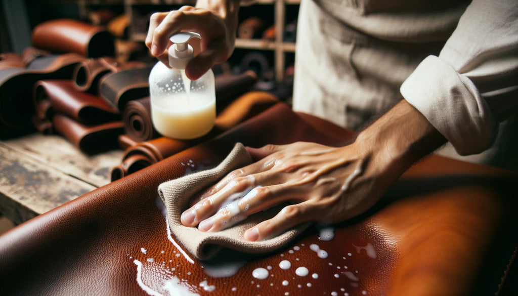 hand applying the vinegar and linseed oil conditioner onto the leather surface using circular motions