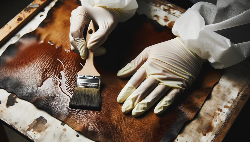 mains portant des gants appliquant avec précaution de la résine sur une surface en cuir à l'aide d'un pinceau