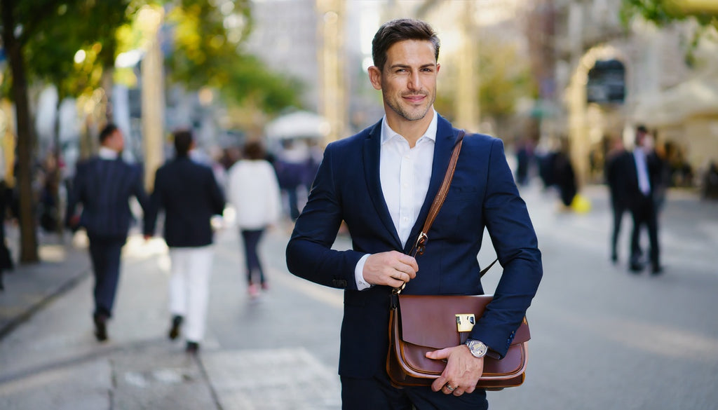handsome and stylish businessman in a navy suit and white shirt carrying a leather messenger bag