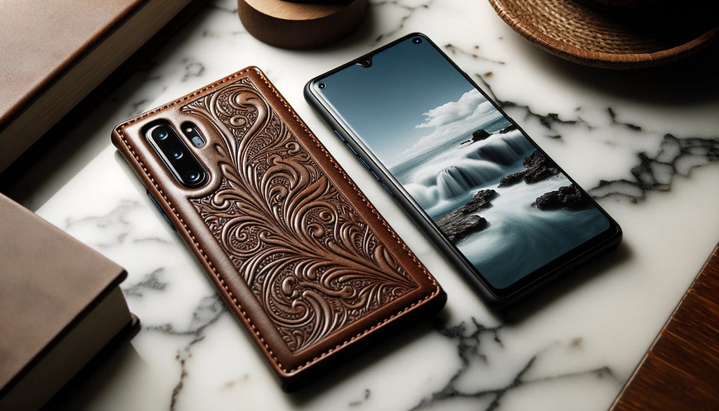 high quality leather phone cover, its surface embossed with intricate patterns placed next to a smartphone on a marble countertop