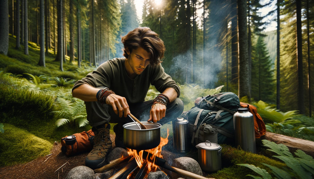 hiker boiling water over a campfire in a forest setting