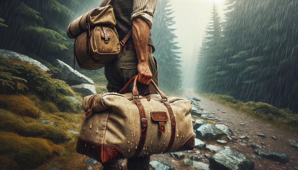 hiker in vintage clothing on a mountain forest trail during a strong storm wearing a duffle bag