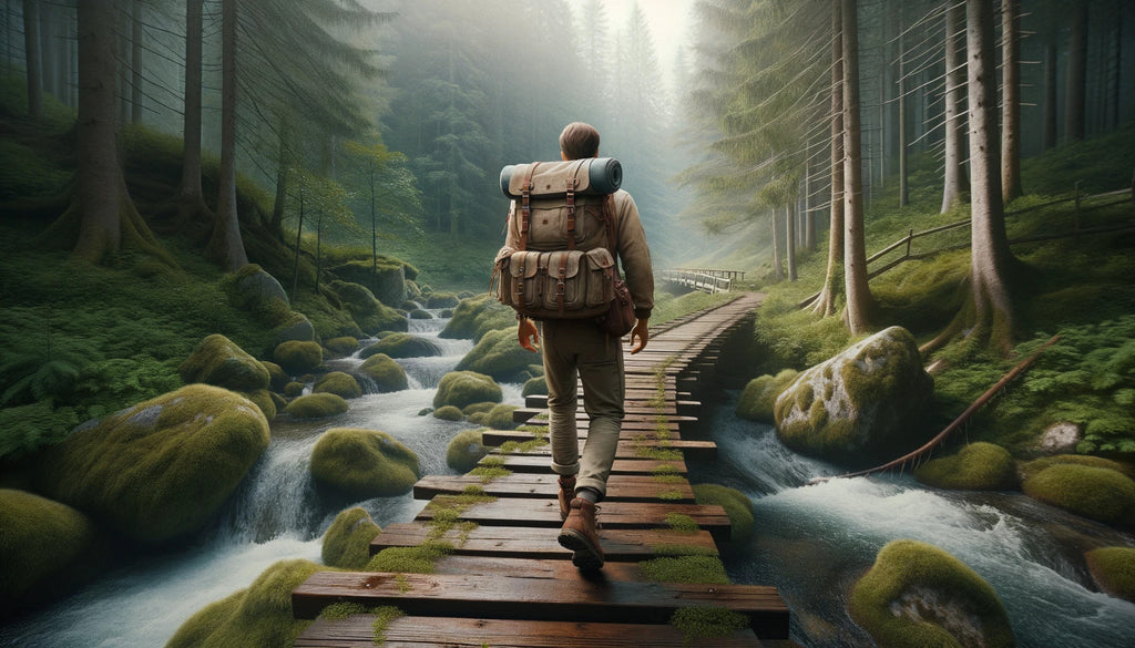 randonneur traversant un pont en bois au-dessus d'un ruisseau en pleine nature