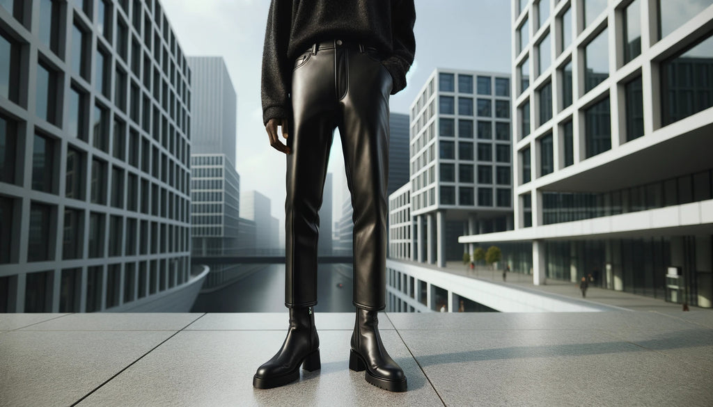 individual with a dark complexion showcasing stylish leather pants combined with high heeled boots