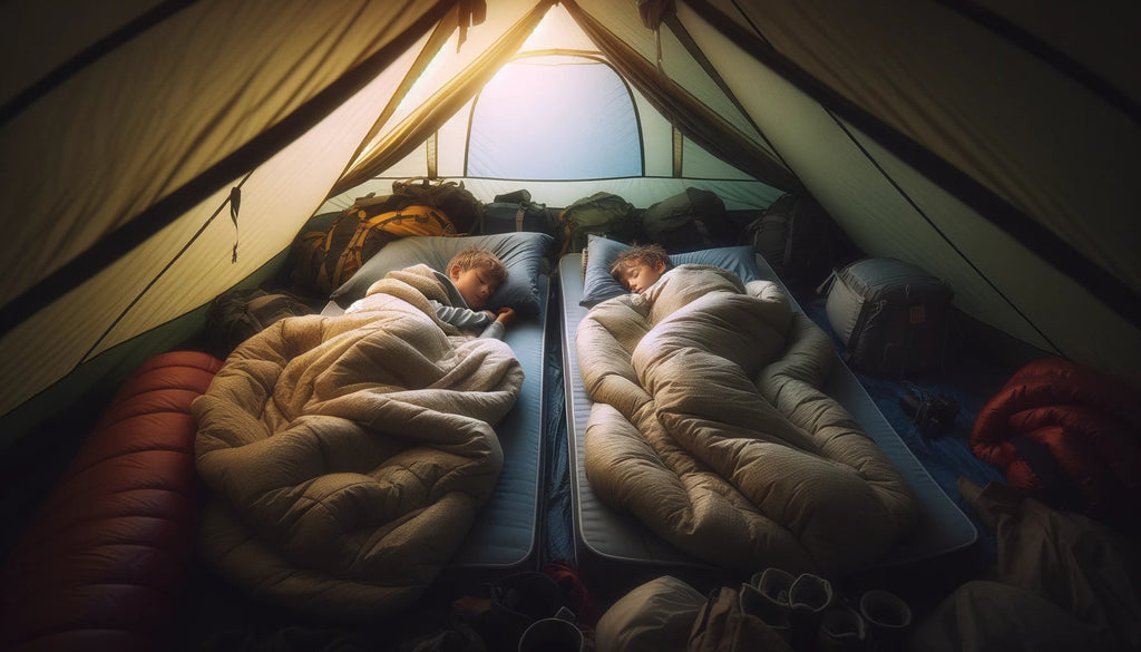 inside of a tent with two children sleeping peacefully