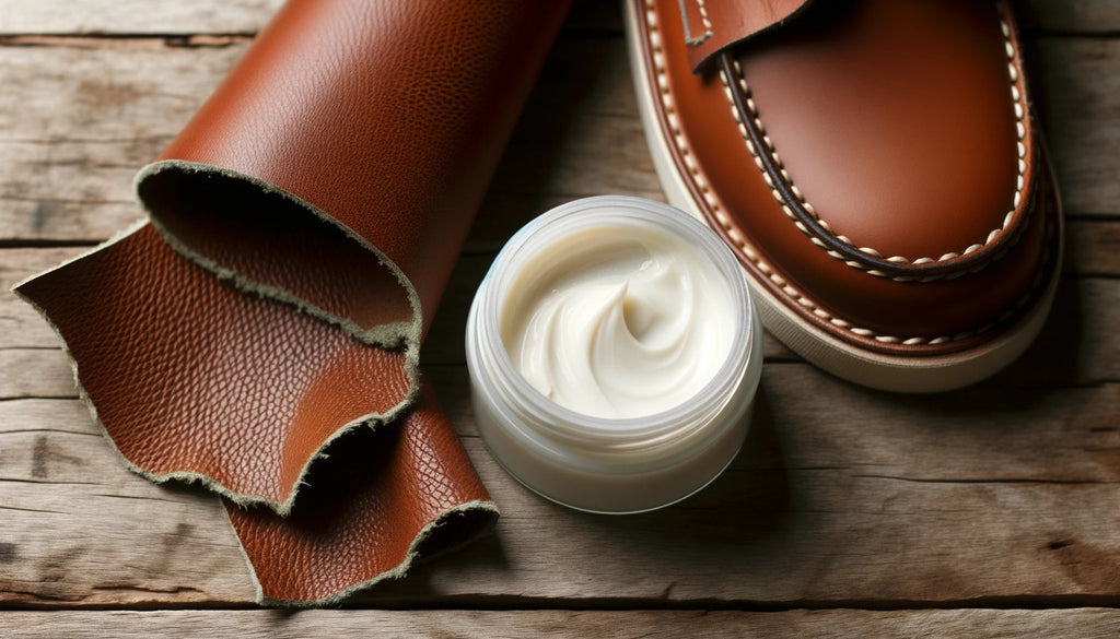 jar of lanolin cream opened revealing its creamy texture Next to it a piece of leather is displayed partially treated with the cream