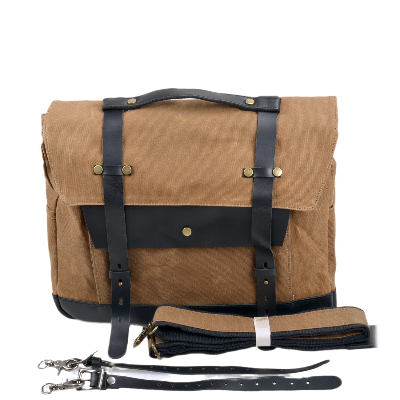 khaki canvas motorcycle saddlebag front view