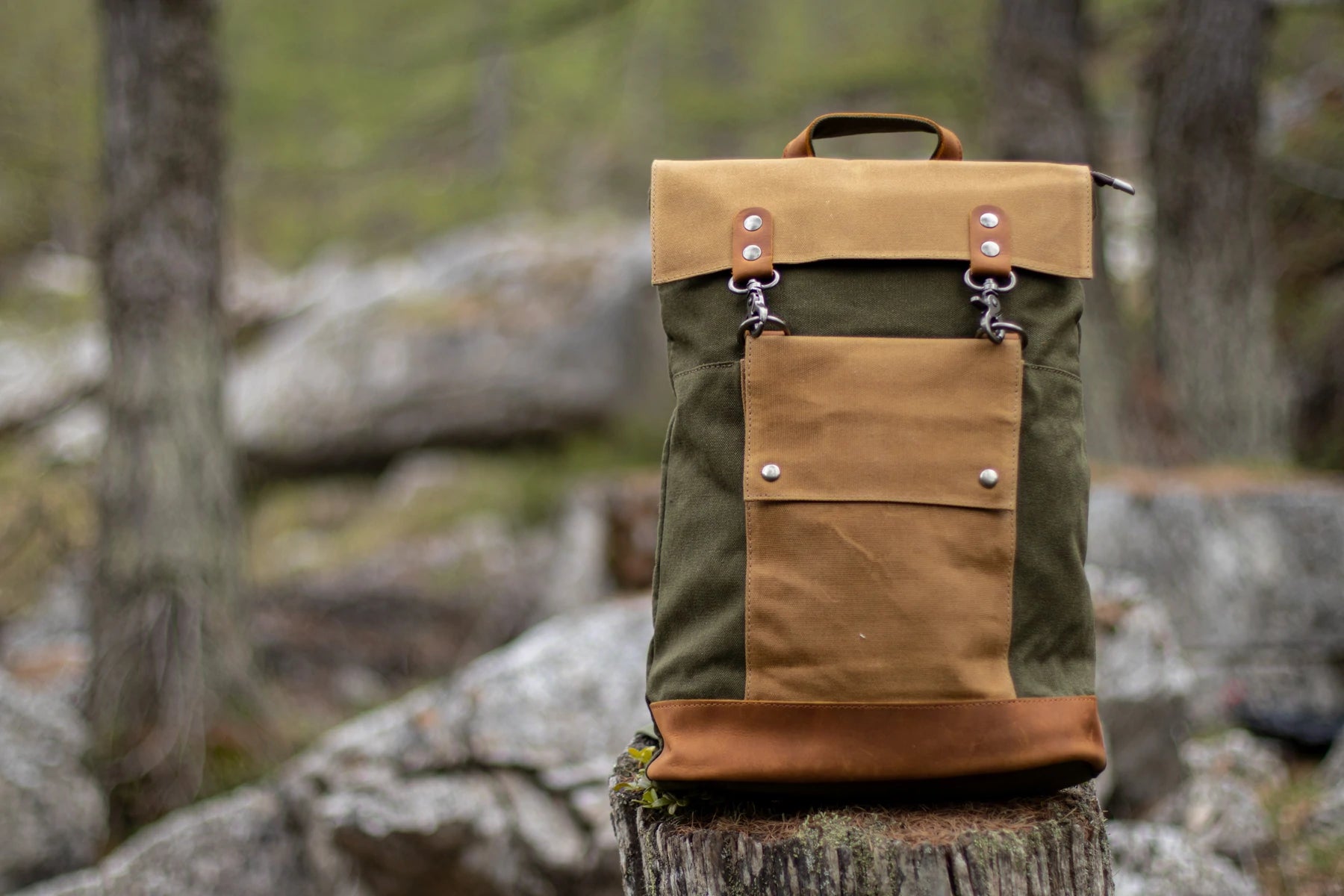 waxed cotton canvas rucksack backpack with sturdy zippers, roomy organizer and adjustable backpack straps