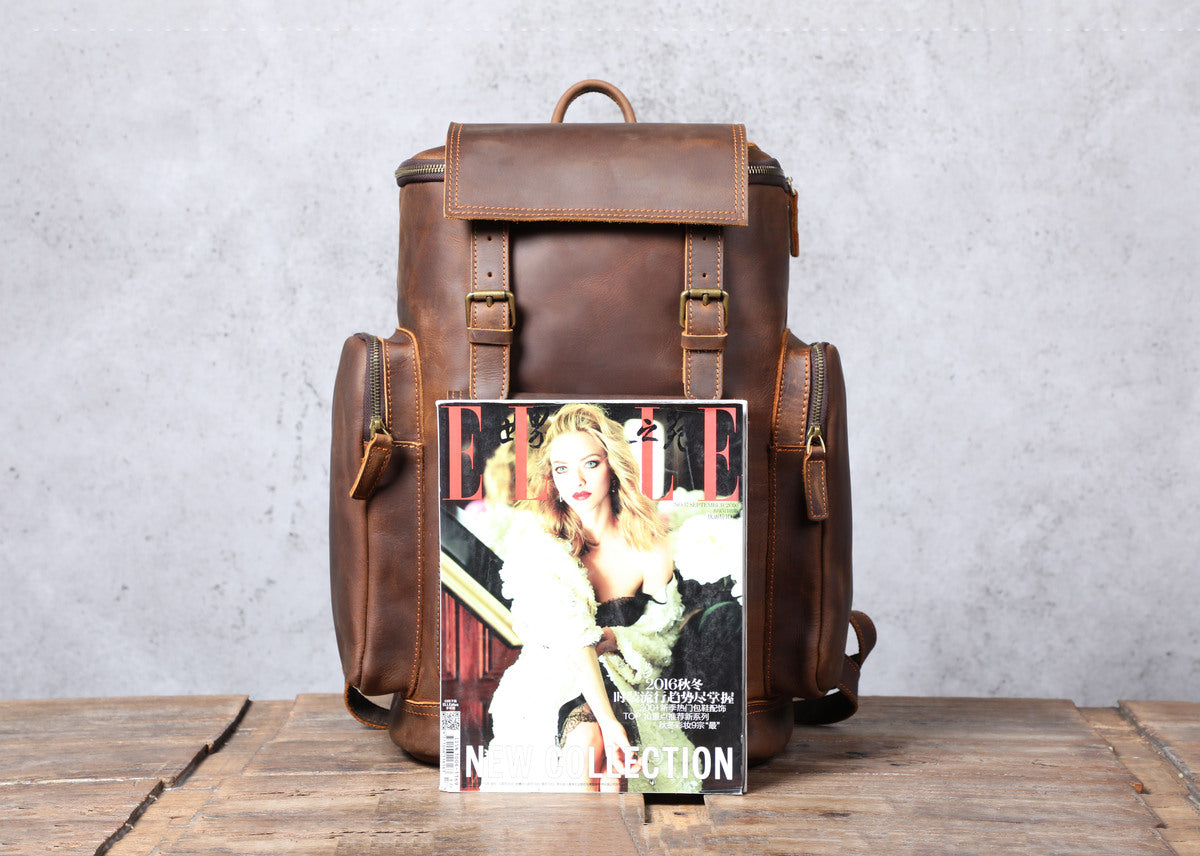 weekender laptop backpack with cognac cowhide leather