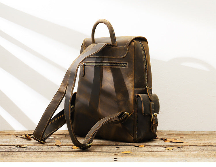 handmade large cowhide leather laptop backpack womens with sturdy stitching and webbing