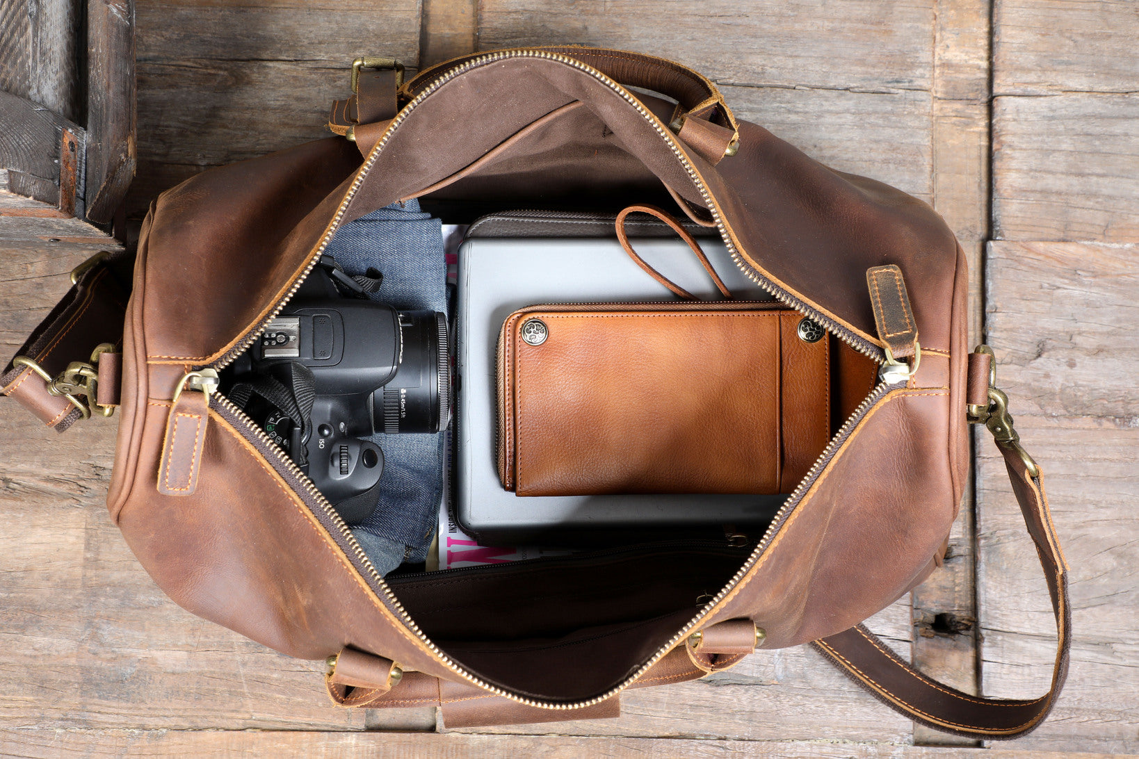 large leather duffel bag