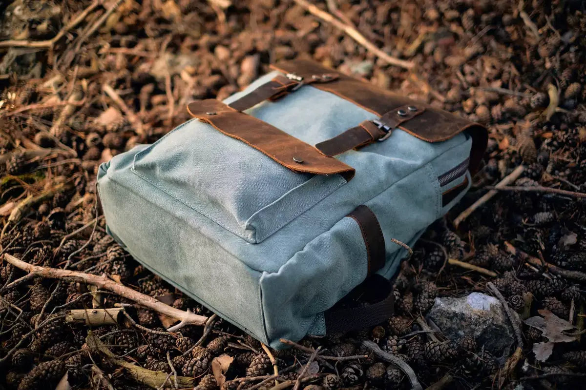 vintage canvas rucksack laying down the floor with pinecones
