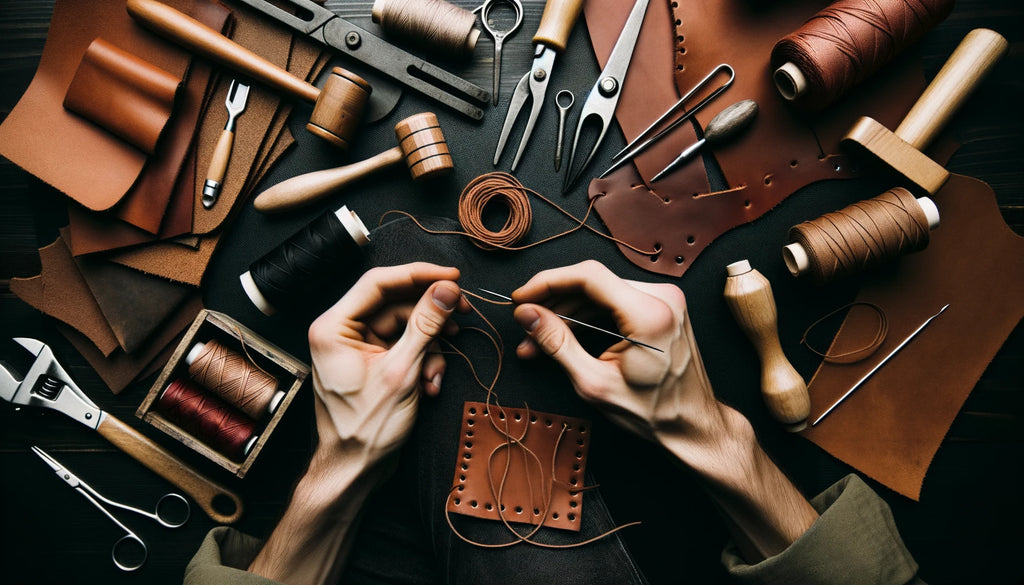 Les mains des artisans du cuir utilisent activement une aiguille à lacer et du fil ciré pour assembler deux pièces de cuir.