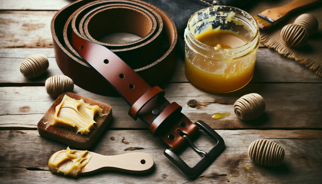 leather belt on a rustic table with streaks of beeswax and butter blend applied on its surface