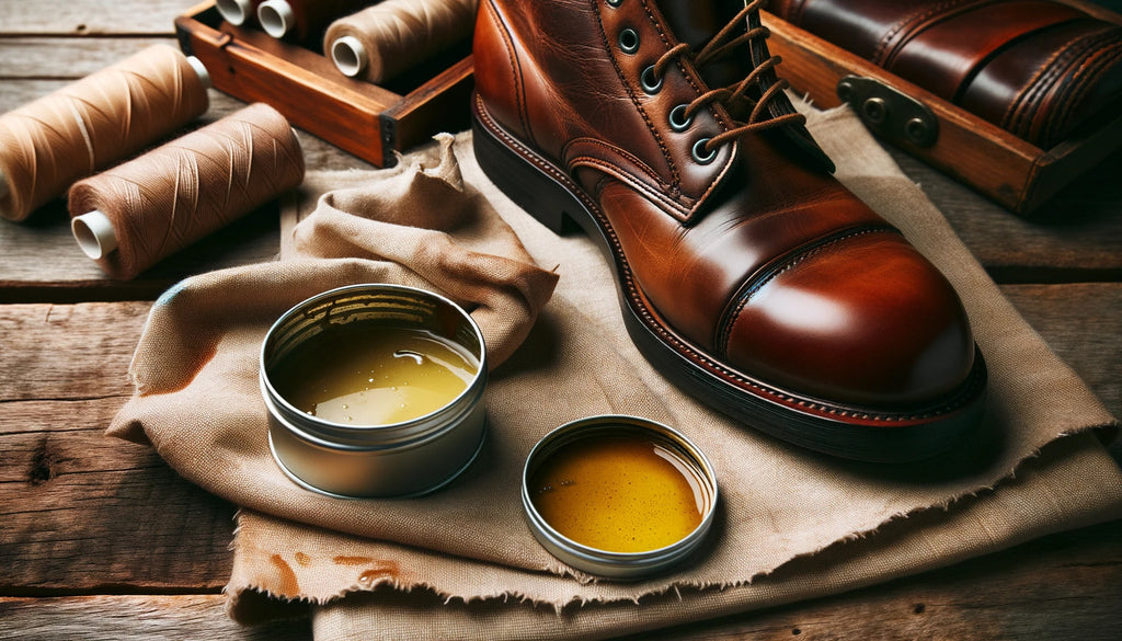 leather boot on a wooden table with a small open tin of natural oils beside it A cloth is partially soaked in the oil