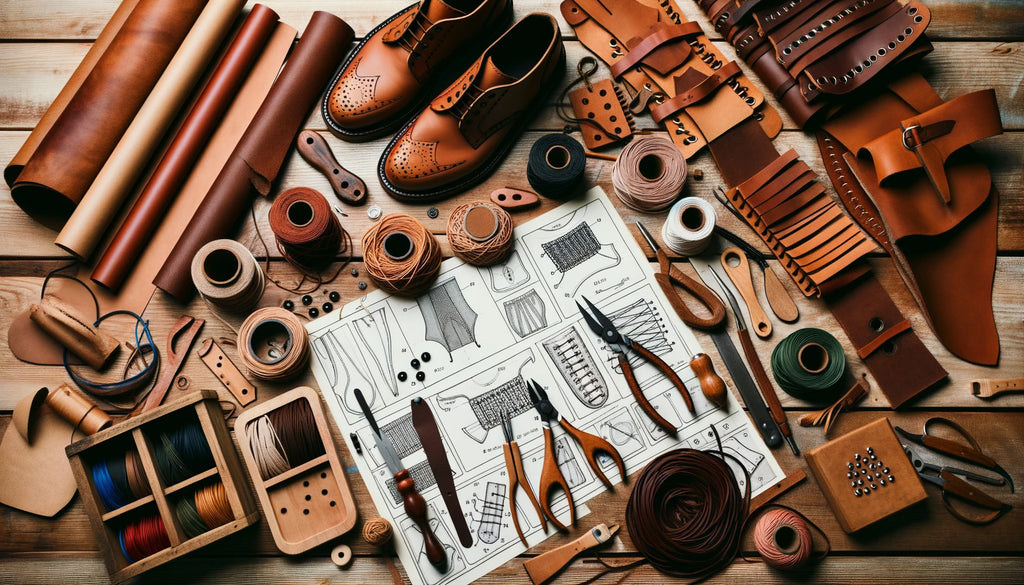 leather crafting workshop with various leather projects in different stages of lacing