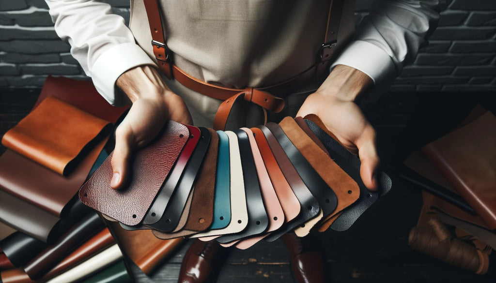 leather craftsman holding swatches of different leather types in his hands
