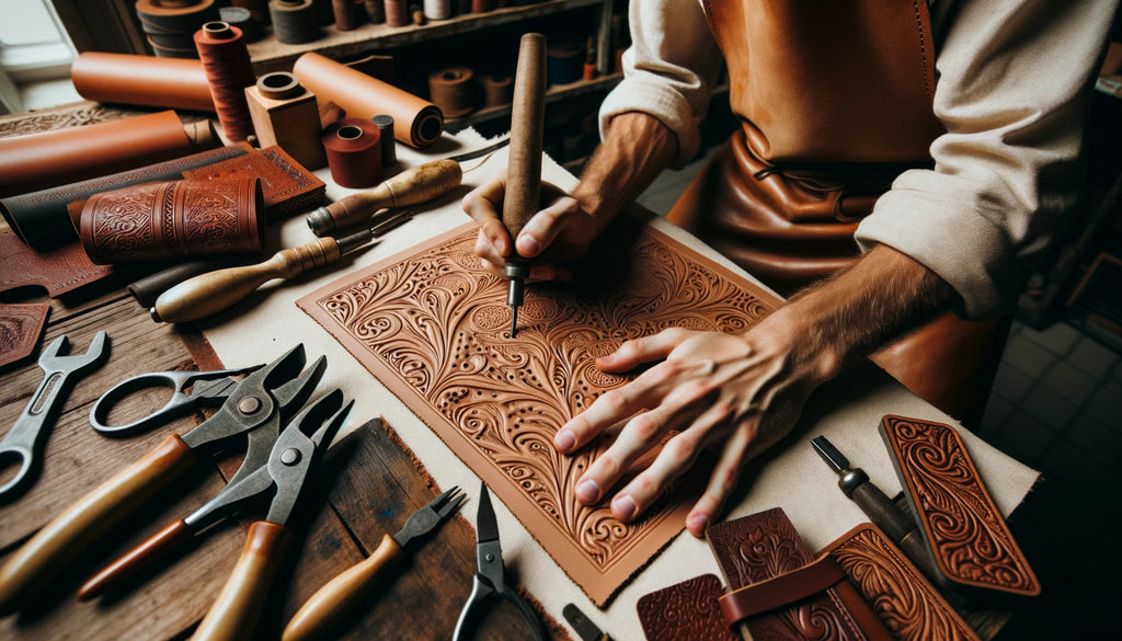 artisan du cuir embossant méticuleusement des motifs complexes sur une pièce de cuir fauve