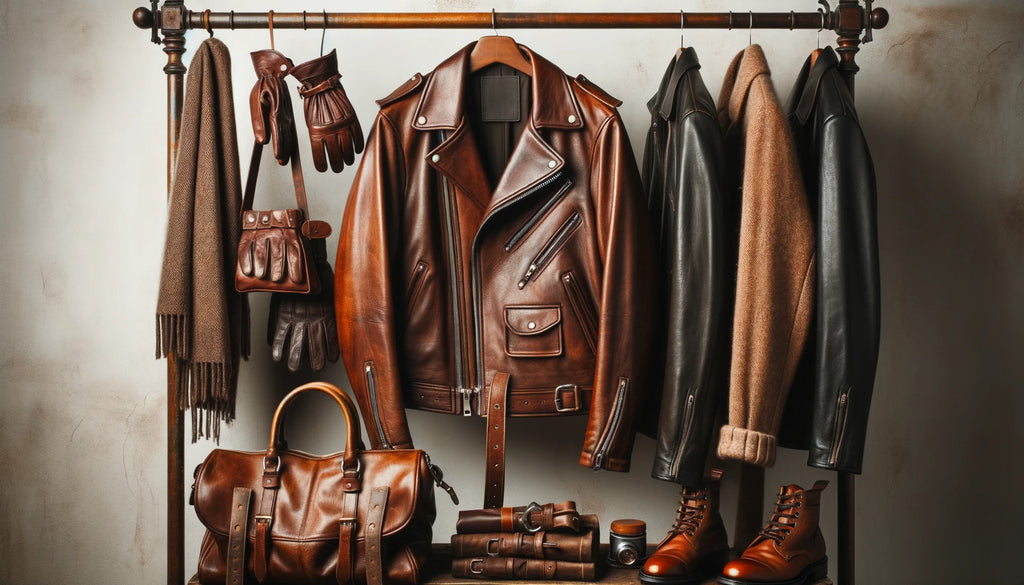 leather jacket hanging on a vintage coat rack with accessories like a leather bag and gloves nearby