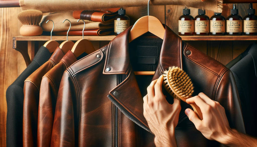leather jacket hanging on a wooden coat hanger A hand is gently brushing the jacket with a soft bristled brushes