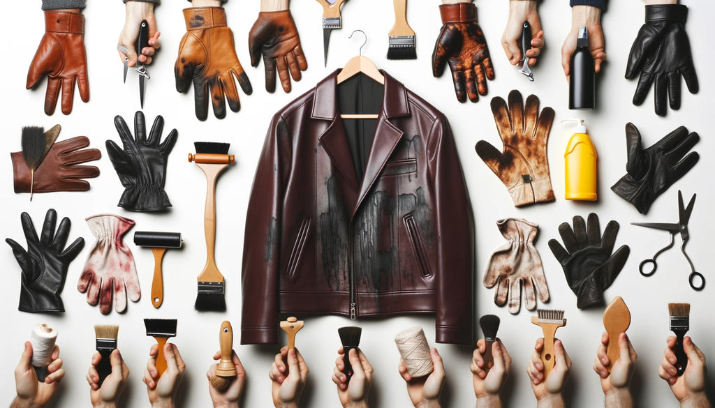 leather jacket on a hanger with visible streak marks from uneven conditioning In the foreground a diverse group of hands holds different tool