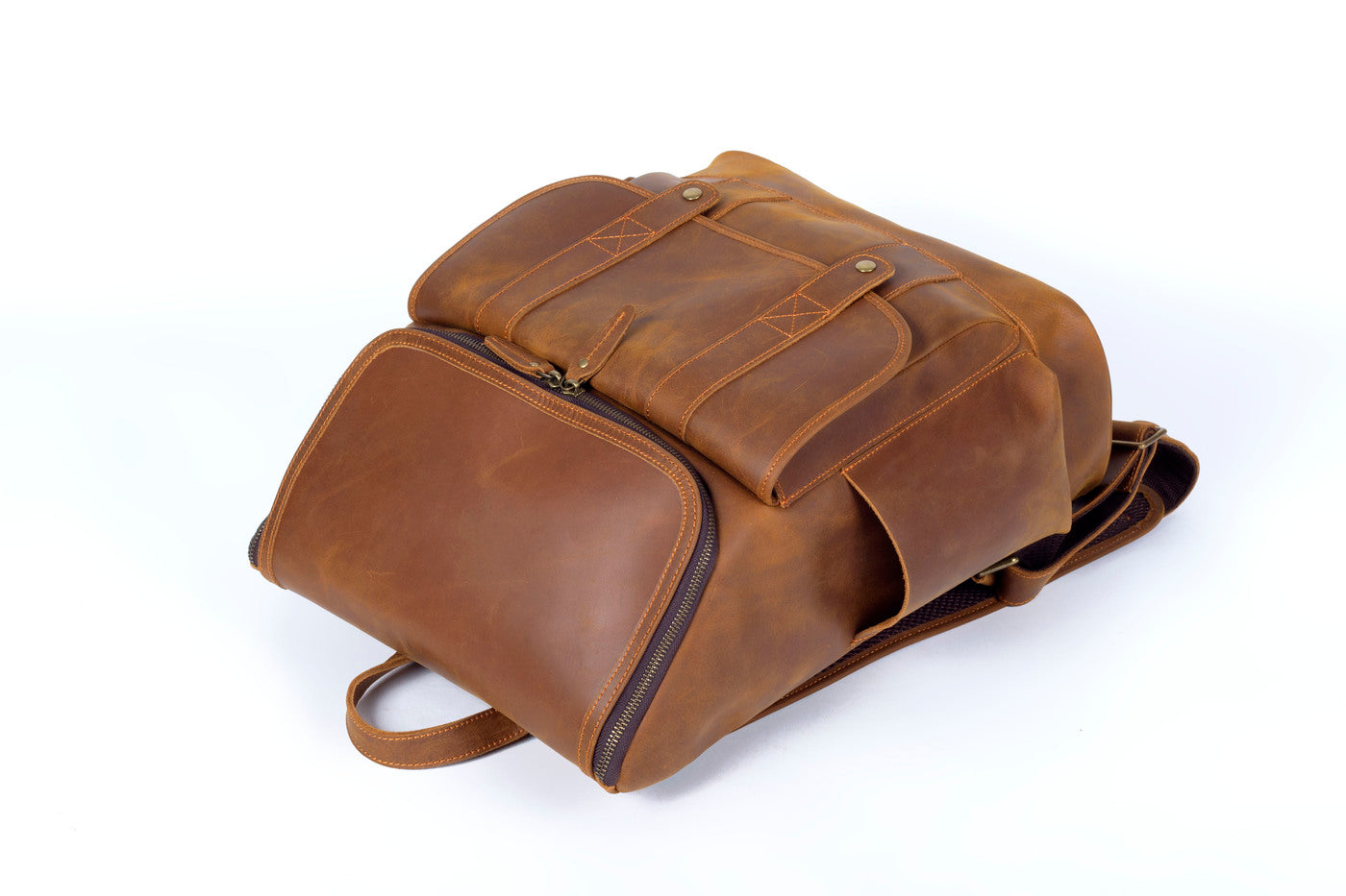 vintage leather knapsack bag 20L with smart side-pockets and anti-theft back pocket