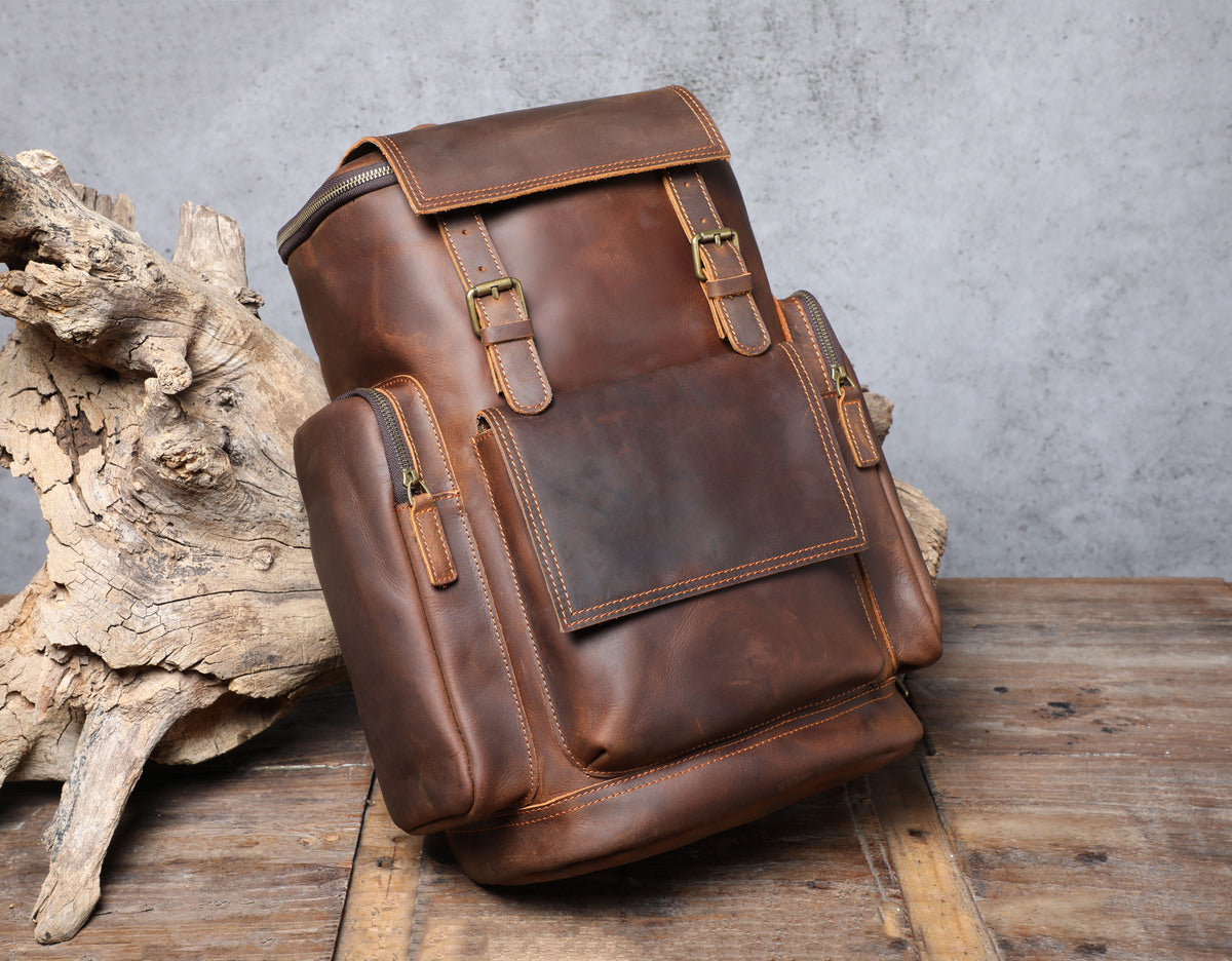 everyday use vintage leather laptop backpack for men to carry a toiletry pouch, garment or jackets