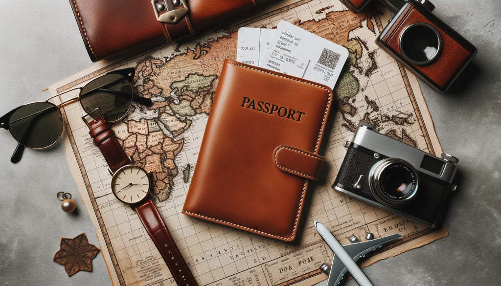 couverture de passeport en cuir avec une fine couture à côté d'une carte du monde vintage, une paire de lunettes de soleil et un billet d'avion