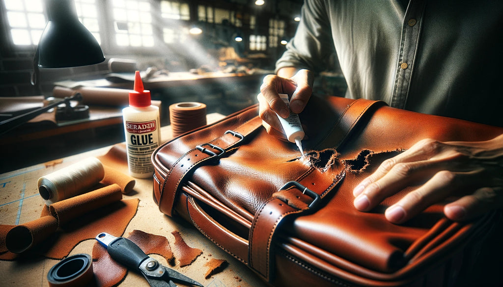 leather repair process mans hand gluing a hole in a leather messenger bag