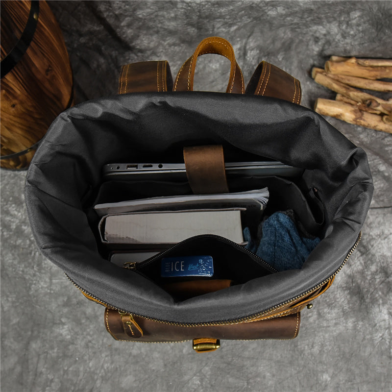 distressed leather rucksack book-bag mens with a roomy organizer to store a toiletry pouch, garment, jackets or other belongings